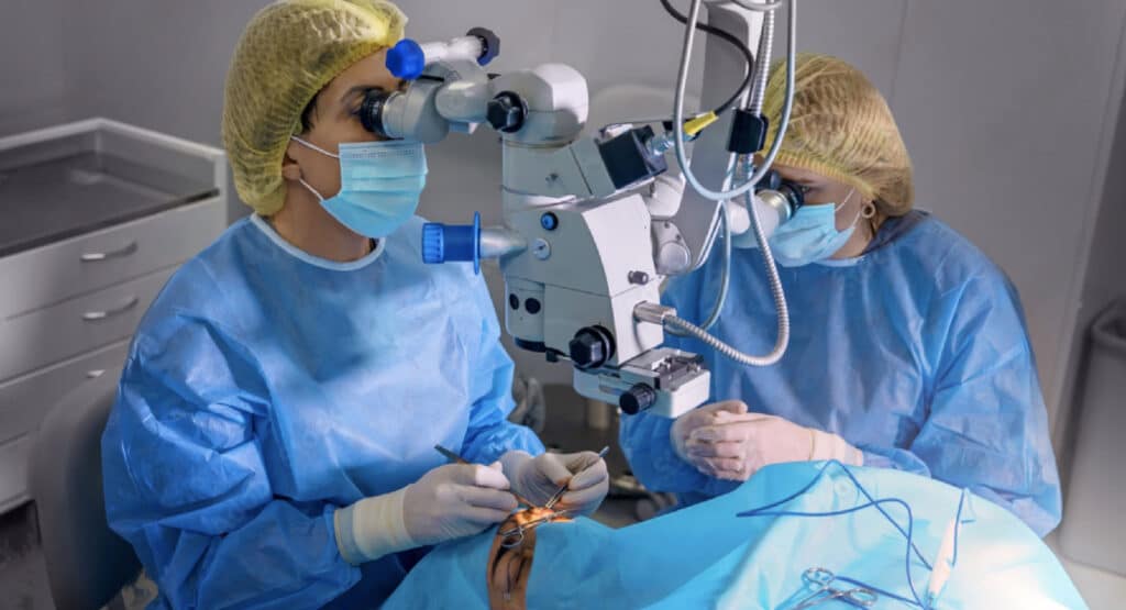 Blepharoplasty plastic surgery. Rejuvenation and modification of the area around the eyes. Plastic surgeon and nurses doing eyelid surgery on a female patient using a microscope