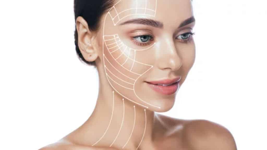 Lifting lines, advertising of face contour correction, skin and neck lifting.