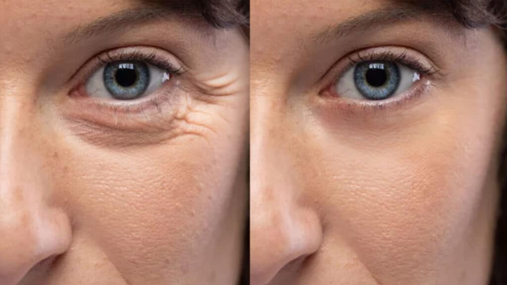 Woman eyes before and after an anti age treatment for wrinkles